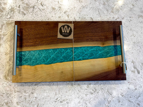 Black Walnut Charcuterie Board with Turquoise Epoxy & Silver Metal Handles