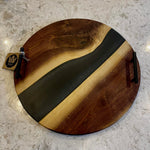 Round Black Walnut Charcuterie Board with Black Epoxy & Black Metal Handles