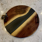 Round Black Walnut Charcuterie Board with Black Epoxy & Black Metal Handles