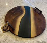 Round Black Walnut Charcuterie Board with Black Epoxy & Black Metal Handles