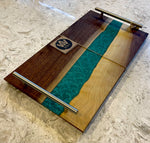 Black Walnut Charcuterie Board with Turquoise Epoxy & Silver Metal Handles