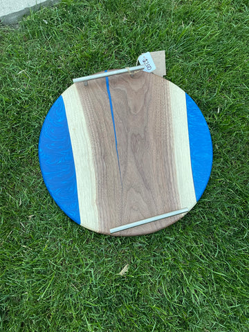 Round Black Walnut Charcuterie Board with Blue Epoxy & Silver Metal Handles